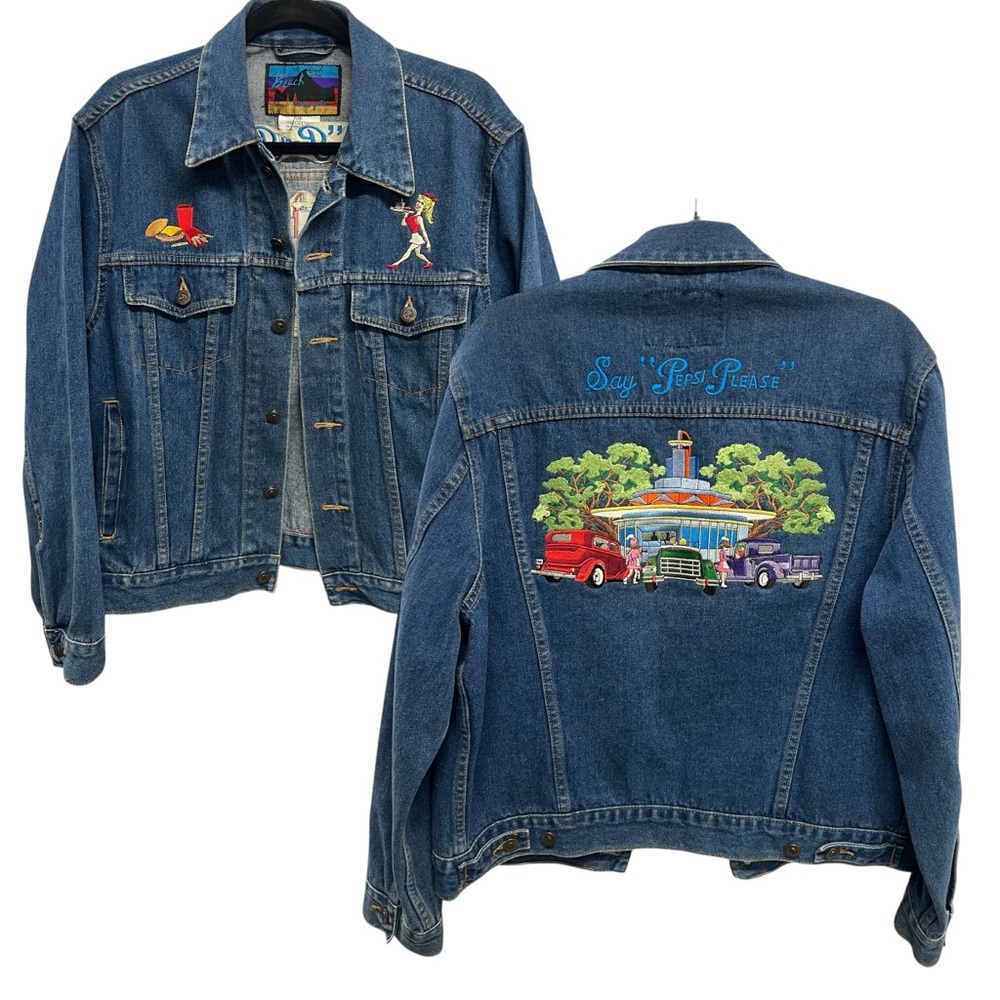 90s‎ Vintage Embroidered Blue Denim Jacket Drive-In Scene Unisex Black Canyon Lg